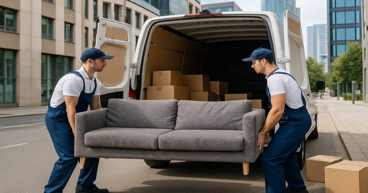Professionelle Beiladung Frankfurt am Main – Umzugshelfer verladen ein Sofa in einen Transporter