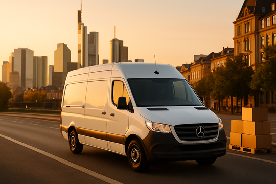 Beiladung Frankfurt – weißer Transporter auf dem Weg zum Zielort